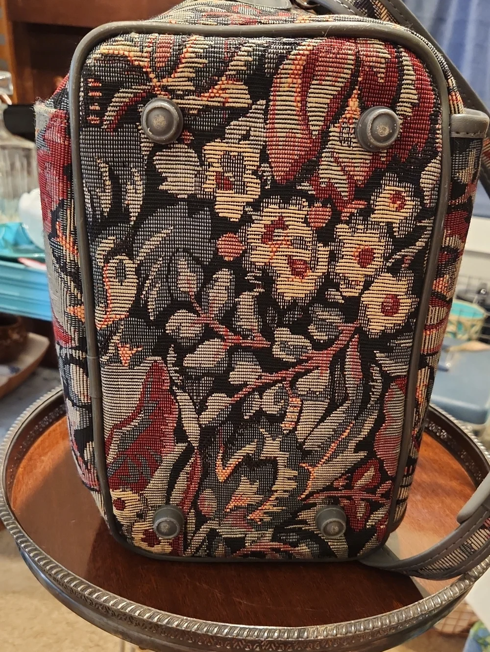 Vintage Gloria Vanderbilt Floral Tapestry Cosmetic Case - Gray & Red